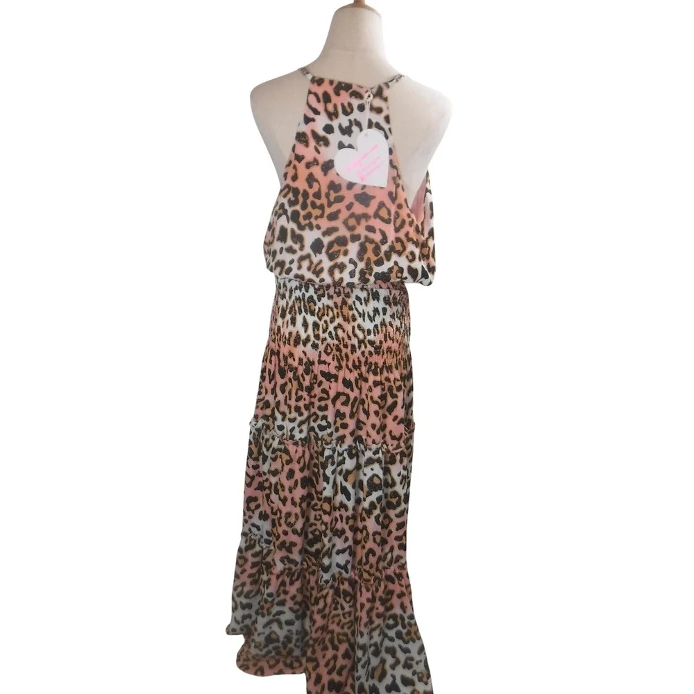Buddy Love Leopard Print Maxi Dress Pink Orange Ombre Smocked Tiered Large NWT